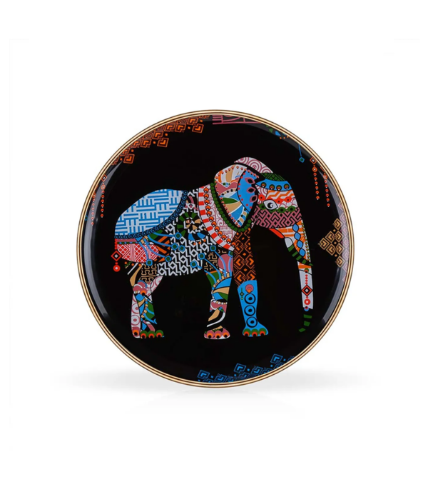 Elephant Fil Desenli Siyah 31 cm Cam Servis Tepsi Yemek Tabağı