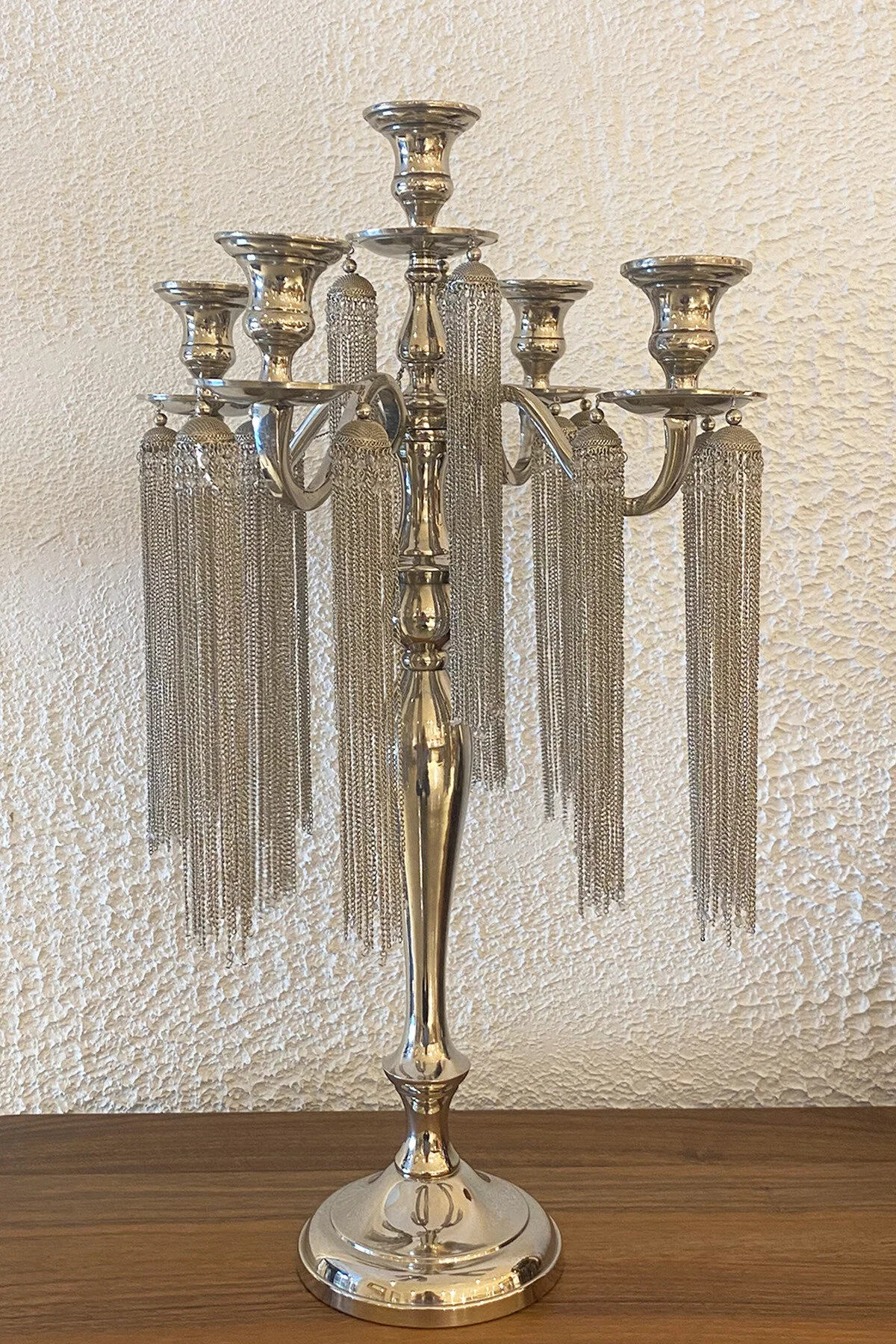 ak.ır0301 Nikel Ottoman 5'li Gümüş Silver Parlak Şamdan 64 cm - Görsel 1
